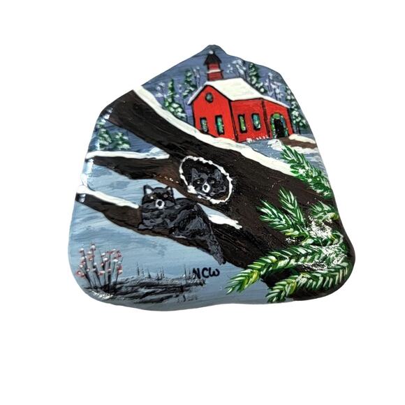 OOAK Hand Painted Rock Art Countryside Red Church Winter Scene Artist Signed NCW - Picture 1 of 6
